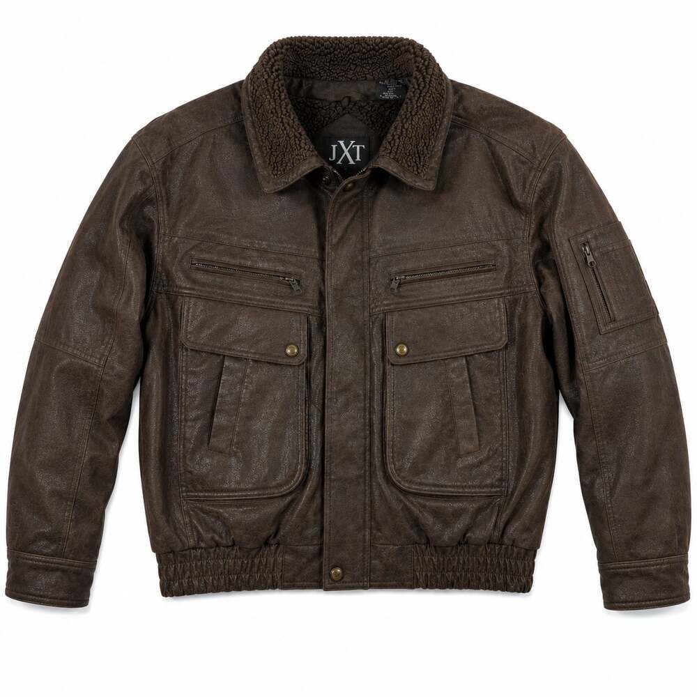 Vintage JXD Mens Brown Faux Leather Bomber Jacket with Sherpa Collar Size XXL